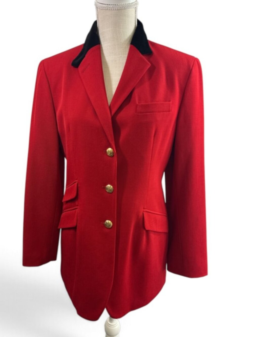 Lauren Ralph Lauren Red Blazer Women's sz 8P Equestrian Gold Buttons Wool Blend